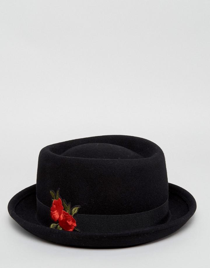 Asos Pork Pie Hat In Black With Embroidery - Black
