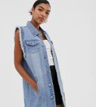 One Above Another Longline Sleeveless Jacket In Vintage Wash Denim-blue