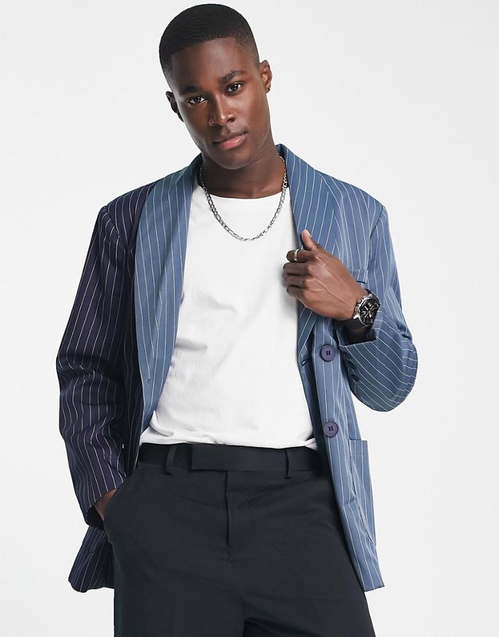 Mennace Double Breasted Blazer In Navy And Blue Spliced Pinstripe