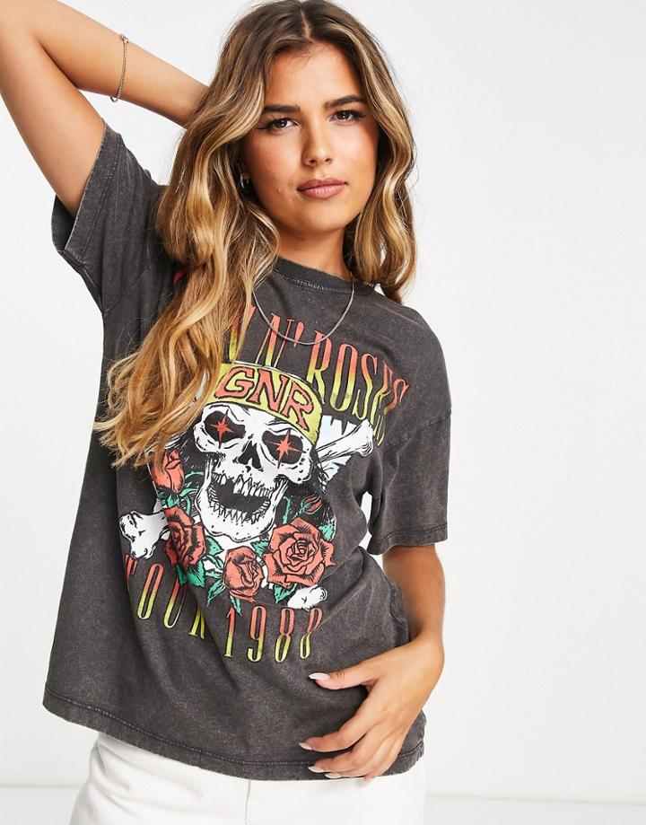 Pull & Bear Guns N' Roses Oversized Band T-shirt In Black