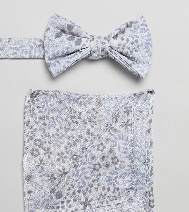 Asos Design Bow Tie And Pocket Square In White Floral - White