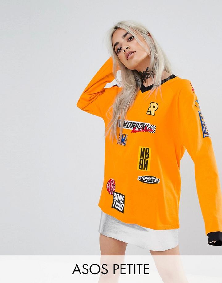 Asos Petite Top With Long Sleeve And Branding Badges - Orange