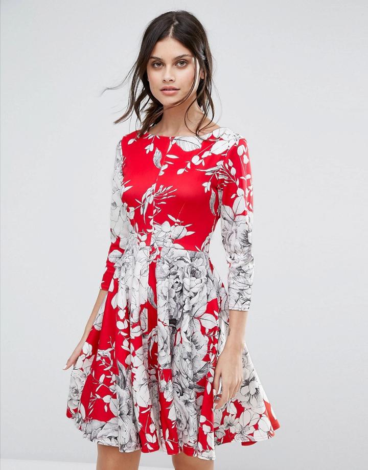 Closet London 3/4 Sleeve Floral Skater Dress - Red