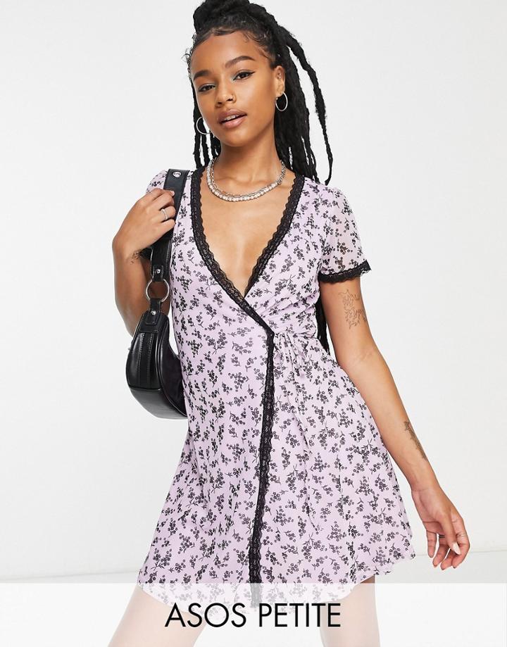 Asos Design Petite Mini Mesh Wrap Dress With Lace Trim In Lilac Daisy Print-multi