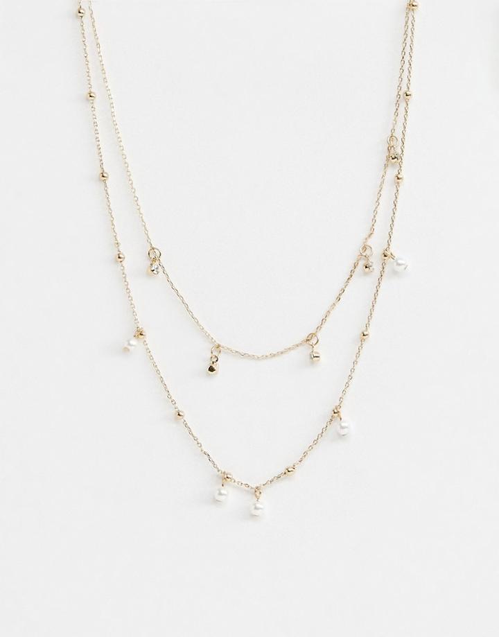 Asos Design Multirow Necklace With Pearl And Crystal With Dot Dash Chain In Gold - Gold
