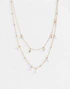 Asos Design Multirow Necklace With Pearl And Crystal With Dot Dash Chain In Gold - Gold