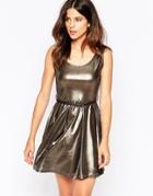 Pussycat London Skater Dress In Metallic Fabric - Silver Gray