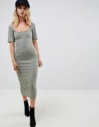 Asos Design Super Scoop Rib Midi Dress With Hook And Eye - Green