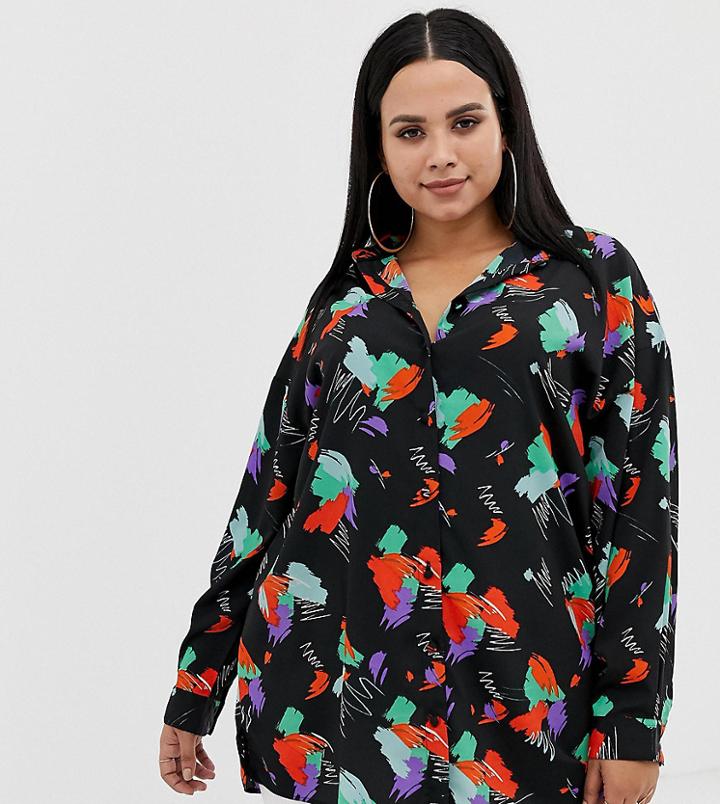 Asos Design Curve Longline Long Sleeve Shirt In Abstract Print - Multi
