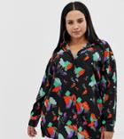Asos Design Curve Longline Long Sleeve Shirt In Abstract Print - Multi