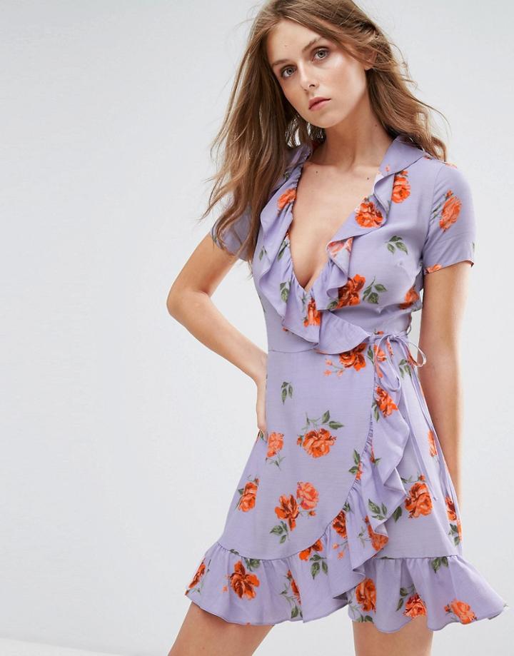 Nobody's Child Wrap Front Dress With Ruffle Hem In Vintage Floral - Purple