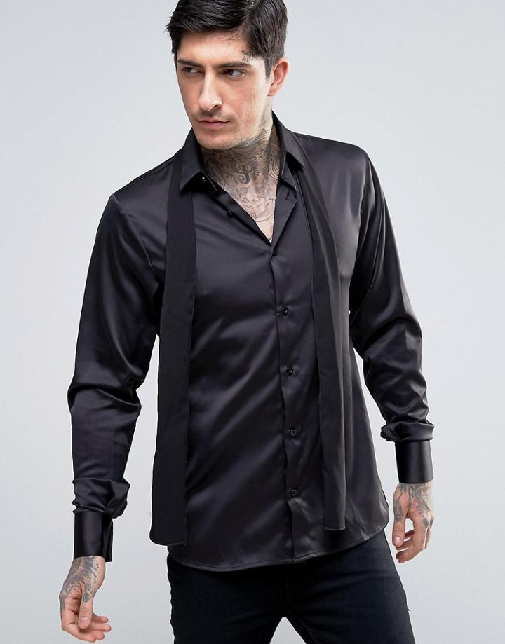 Rogues Of London Skinny Shirt With Removable Scarf Tie - Black
