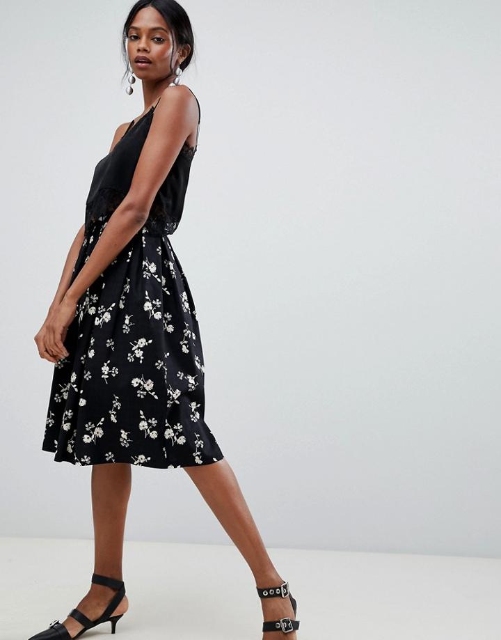 Liquorish Floral Pleated Prom Skirt-black