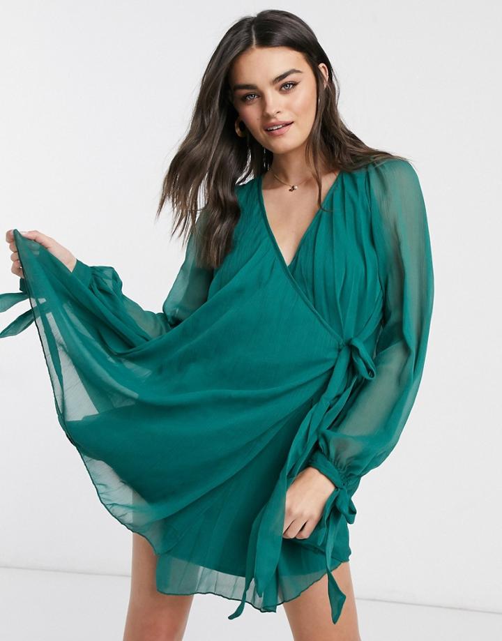 Asos Design Pleated Wrap Mini Dress With Long Sleeves In Forest Green
