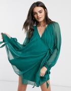 Asos Design Pleated Wrap Mini Dress With Long Sleeves In Forest Green