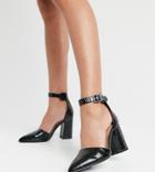 London Rebel Wide Fit Ankle Strap Pointed Block Heeled Shoes In Black With Chain
