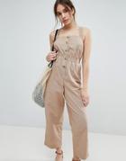 Asos Jumpsuit With Elasticated Waist And Button Detail In Twill - Stone