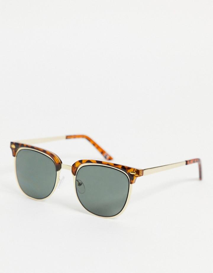 Asos Design Retro Sunglasses In Gold And Tort With Green Lens