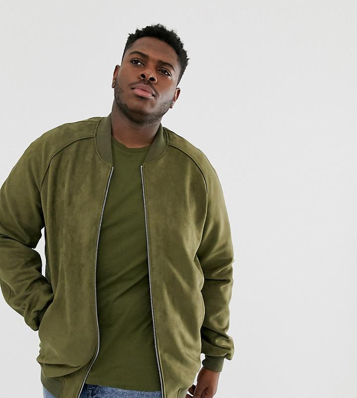 Asos Design Plus Faux Suede Bomber Jacket In Khaki - Green