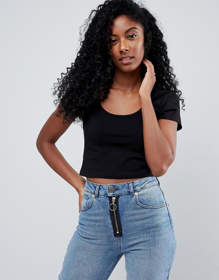 Asos Crop Top With Short Sleeve And Scoop Neck - Black