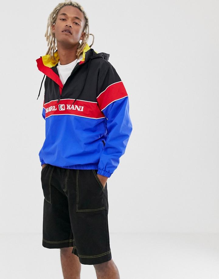 Karl Kani Retro Block Half-zip Windbreaker With Stowable Hood In Blue/black