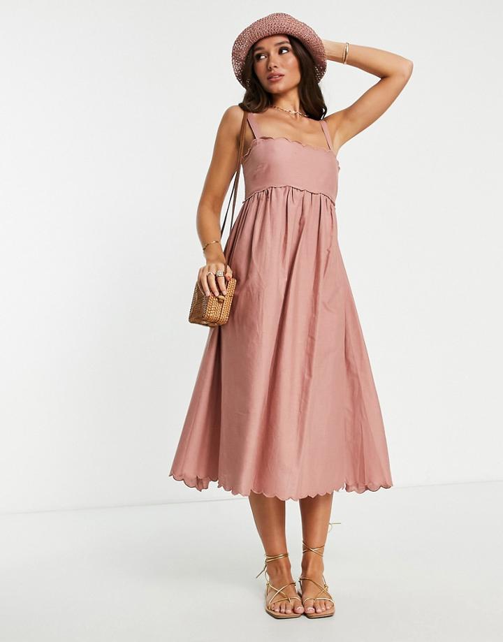 Asos Design Scallop Edge Cut Out Back Midi Sundress In Dusky Pink