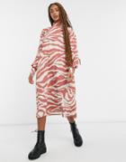 Monki Bella High Neck Midi Dress In Orange Zebra Print-multi