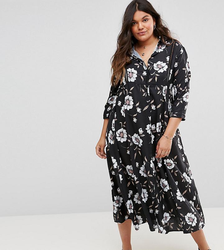 Club L Plus Collared Detailed Woven Shirt Dress With Crochet Detail - Multi
