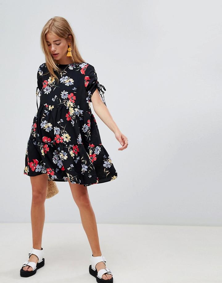 Qed London Floral Print Shift Dress - Black
