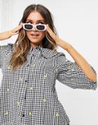 New Look Gingham Blouse With Floral Embroidery In Black Check
