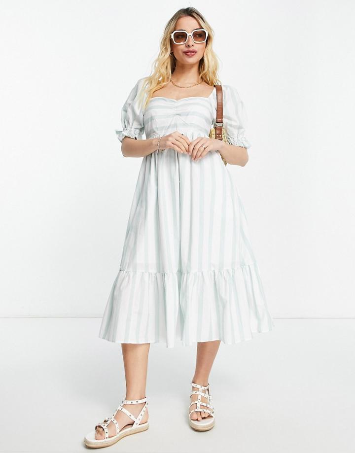 Abercrombie & Fitch Puff Sleeve Midi Dress In Green And White Stripe