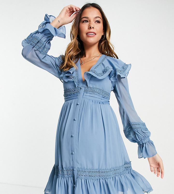Asos Design Maternity Lace Insert Mini Dress With Ruffle Detail And Button Through-blues