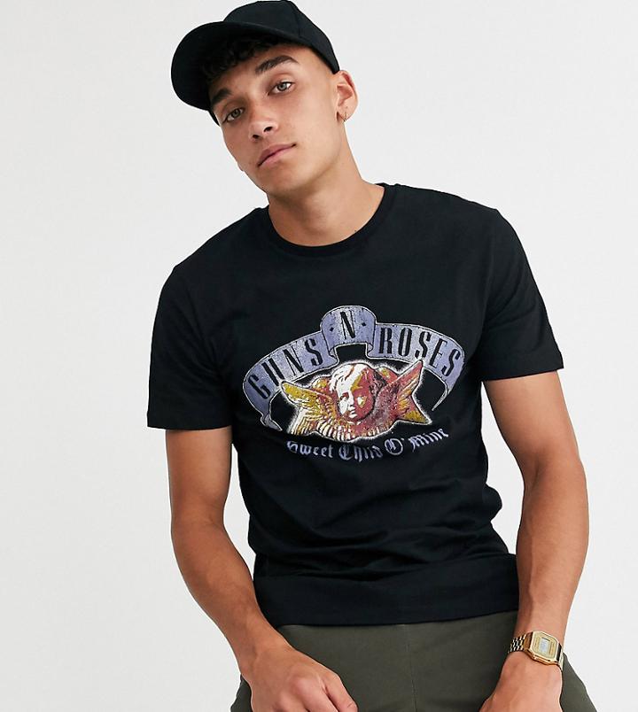 Asos Design Tall Guns And Roses T-shirt Cherub Front Print-black