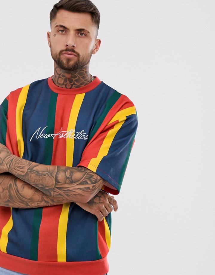 Asos Design Oversized Short Sleeve Sweatshirt In Retro Stripes - Red