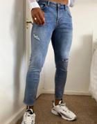 Asos Design Cropped Skinny Jeans In Mid Wash Blue With Rips-blues