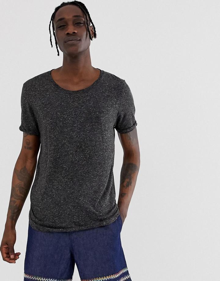 Asos Design Longline T-shirt With Scoop Neck And Curved Hem In Linen Mix-black
