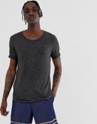Asos Design Longline T-shirt With Scoop Neck And Curved Hem In Linen Mix-black
