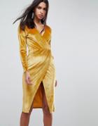 Asos Gold Velvet Wrap Midi Dress - Gold