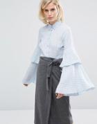 Lost Ink Check Shirt With Extreme Frill Sleeves - Blue