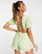 Miss Selfridge Textured Lace Back Wrap Romper In Sage-green