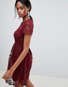 Liquorish Lace Skater Dress With Open Back-red