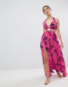 Asos Design Pinky Floral Chiffon Maxi Beach Dress With Ring - Pink
