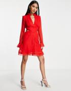Asos Design Ruffle Detail Mini Dress With Button Detail In Red
