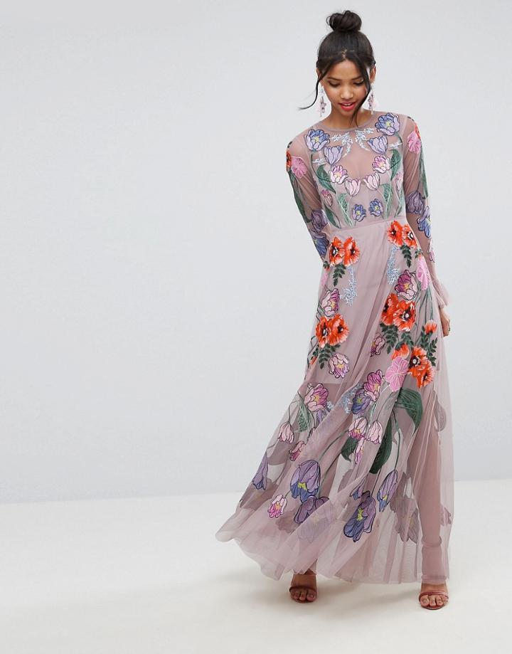 Asos Salon Embroidered Floral Maxi Dress - Pink