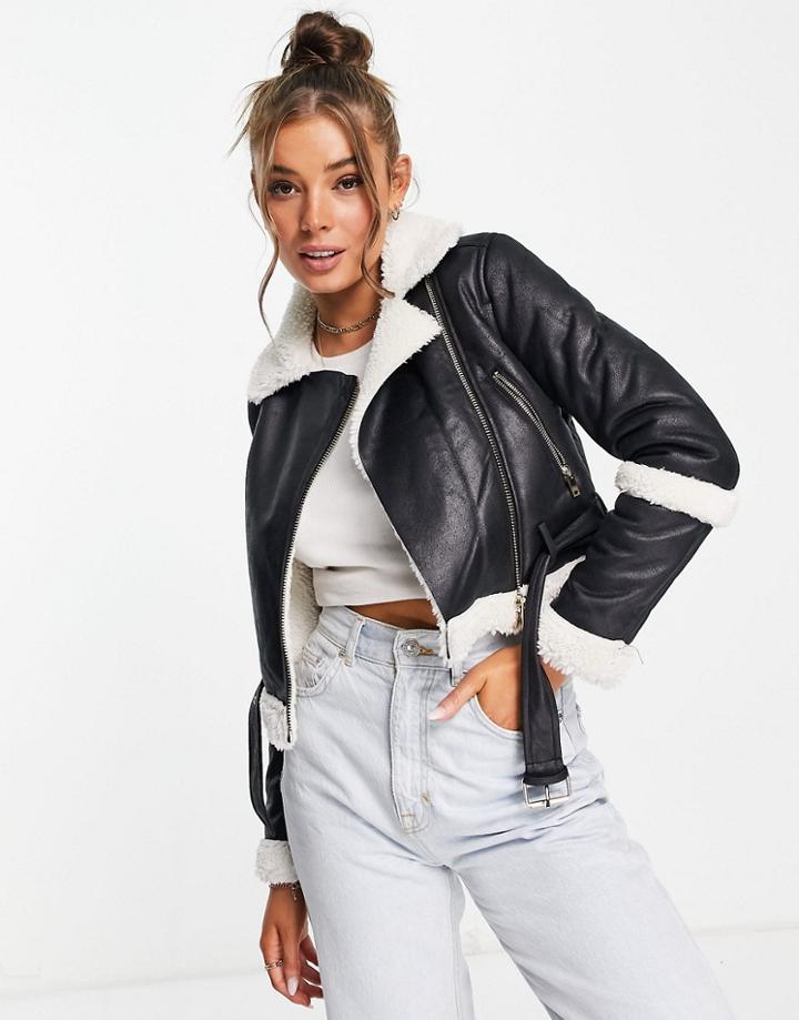 Miss Selfridge Shearling Cropped Aviator Jacket In Black