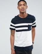 Pull & Bear Panel Stripe T-shirt With Pocket In Navy And White - Navy