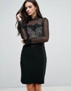 Lipsy Sheer Sleeve Dress With Lace Detail - Black