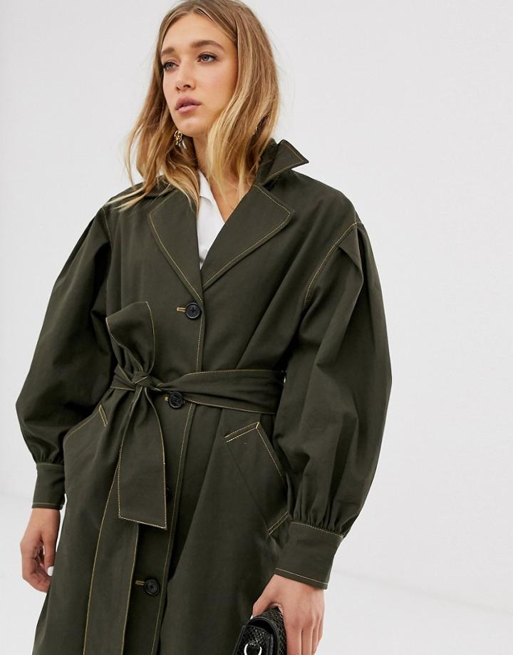 Asos Design Balloon Sleeve Trench Coat-green