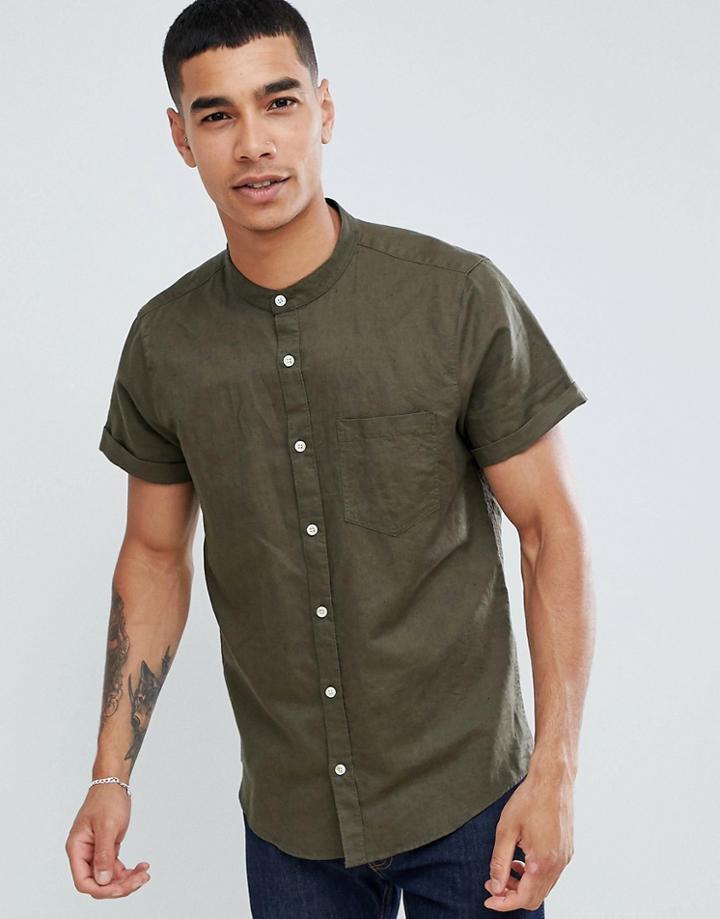 Pull & Bear Short Sleeved Grandad Collar Shirt In Khaki - Green