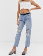 Miss Selfridge Recycled Denim Boyfriend Jeans With Rips In Mid Wash-blue